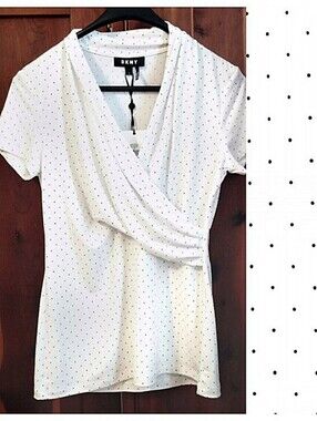 NWT DKNY Faux Wrap Short Sleeve White with Black Dots Blouse